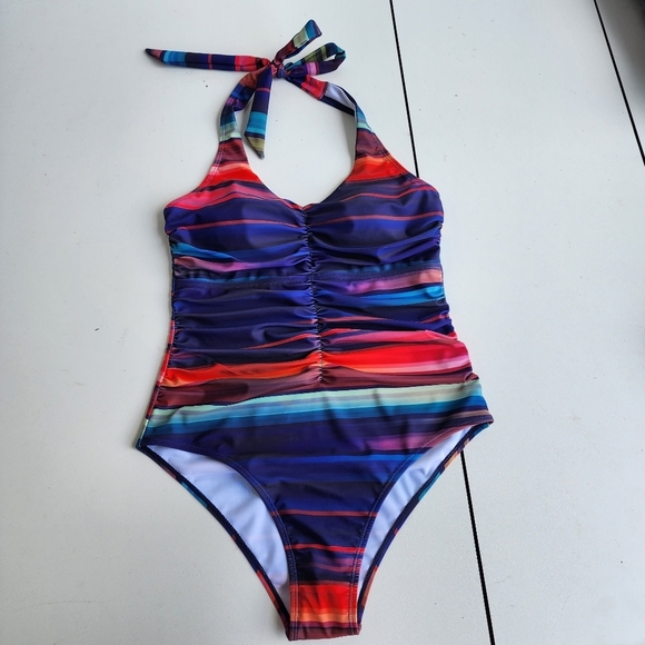 NWOT NOON SWIM Women's Halter 1 Piece Swimming Suit Striped Purple Red Sz 10 - Picture 7 of 16